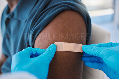 Buy stock photo Covid vaccine, first aid or health and wellness with medical doctor consulting patient in hospital room. Trust, safety or pharma nurse or healthcare professional working with man for medicine