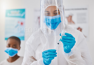 Buy stock photo Vaccine, injection and medicine cure for covid, monkeypox and ebola with doctor, healthcare or medical professional. Frontline worker in hazmat suit getting ready to inject clinic or hospital patient