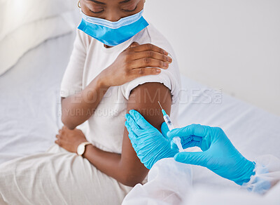 Buy stock photo Covid virus vaccination, vaccine or needle on patient arm in a medical hospital or clinic facility. Healthcare worker injecting jab flu shot of antibodies and antigen for protection against diseases