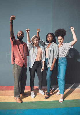 Buy stock photo Freedom, power and human rights with a group of young people in protest or demonstration for equality and the LGBTQ community movement. Portrait of a man and women making a stand for gay pride