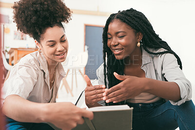 Buy stock photo Talking, planning and collaboration of female university students working on a group project. Teamwork of young women discussing a team study strategy together for a school presentation for college