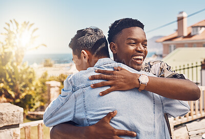 Buy stock photo Smile, love and happy friends hug showing trust, unity and care smiling outside with happiness. Young man, friends or college student male greeting and embracing each other on sunny day. 