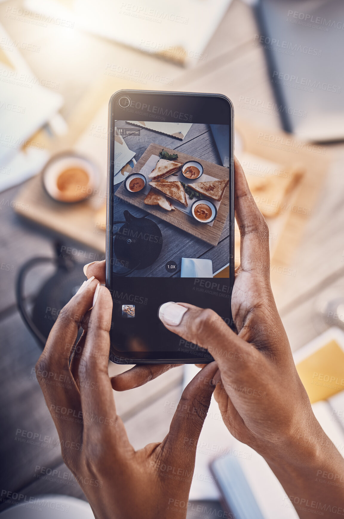 Buy stock photo Phone, brunch and social media influencer at breakfast blogging or vlogging her food at a restaurant business. 
Content creator and photographer posts bread with toast, lunch and creative meal ideas 