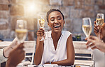 Woman making toast with champagne at a party with friends, celebrating success at restaurant and talking with drinks at social event. Happy black woman with glass at birthday celebration at pub