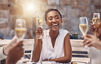 Buy stock photo Woman talking for toast with celebration champagne at party with friends, wine for success at restaurant and drinks at social event. Happy black woman with smile and glass at birthday dinner at pub