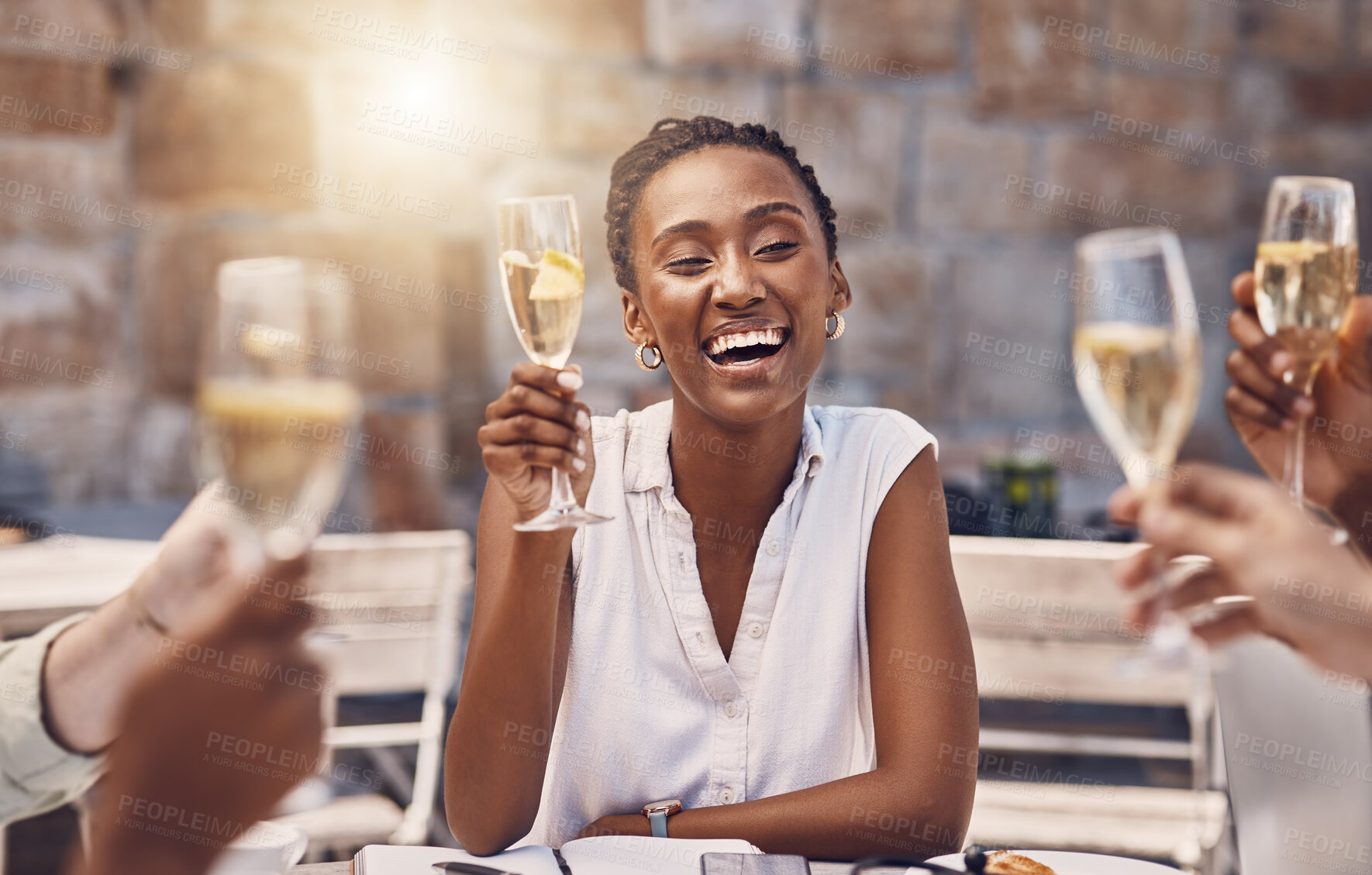 Buy stock photo Woman talking for toast with celebration champagne at party with friends, wine for success at restaurant and drinks at social event. Happy black woman with smile and glass at birthday dinner at pub