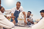 Beach restaurant, waiter and champagne celebration with friends. Hospitality, fine dining and a relaxing outdoor meal with people. Summer holiday or lunch break outside with view of the ocean.