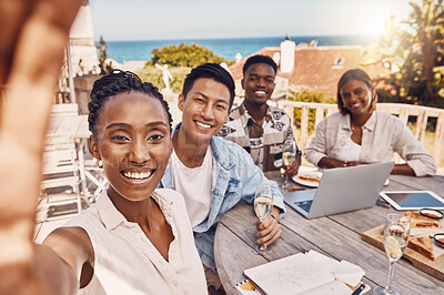 Buy stock photo Selfie of business people at restaurant having a collaboration marketing discussion with laptop and champagne glasses or wine to celebrate project goals. Happy friends or workers at staff party event