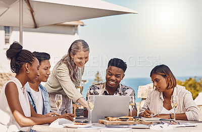Buy stock photo Business people talking with laptop in meeting at restaurant, planning at cafe lunch and showing marketing presentation on computer. Happy employees and workers on the internet and networking online