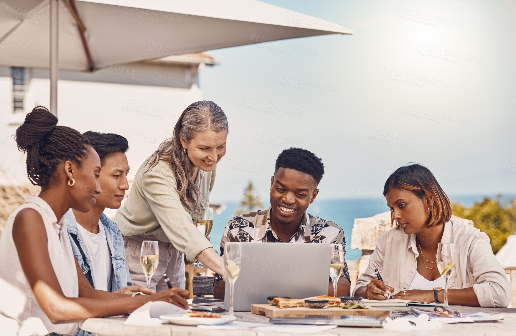 Buy stock photo Business people talking with laptop in meeting at restaurant, planning at cafe lunch and showing marketing presentation on computer. Happy employees and workers on the internet and networking online