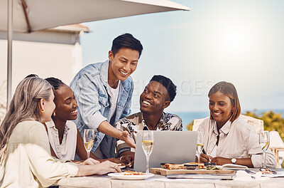 Buy stock photo Happy business people with a laptop and champagne at a restaurant meeting for online website launch. Workers with wine glasses and smile at a staff party event celebration of project goal teamwork