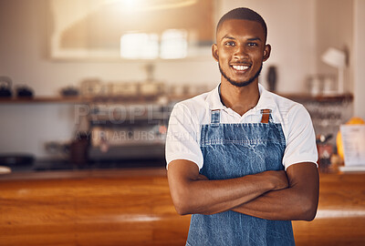 Buy stock photo Cafe manager, coffee shop startup and waiter working in hospitality service food industry. Portrait of a happy, smile and proud small business entrepreneur with motivation for success in restaurant
