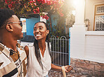 Travel couple walking in city street, happy on holiday vacation together and smile on tourist journey in summer. African man and woman on tourism date and young black people in love on honeymoon trip