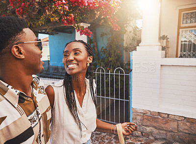 Buy stock photo Travel couple walking in city street, happy on holiday vacation together and smile on tourist journey in summer. African man and woman on tourism date and young black people in love on honeymoon trip