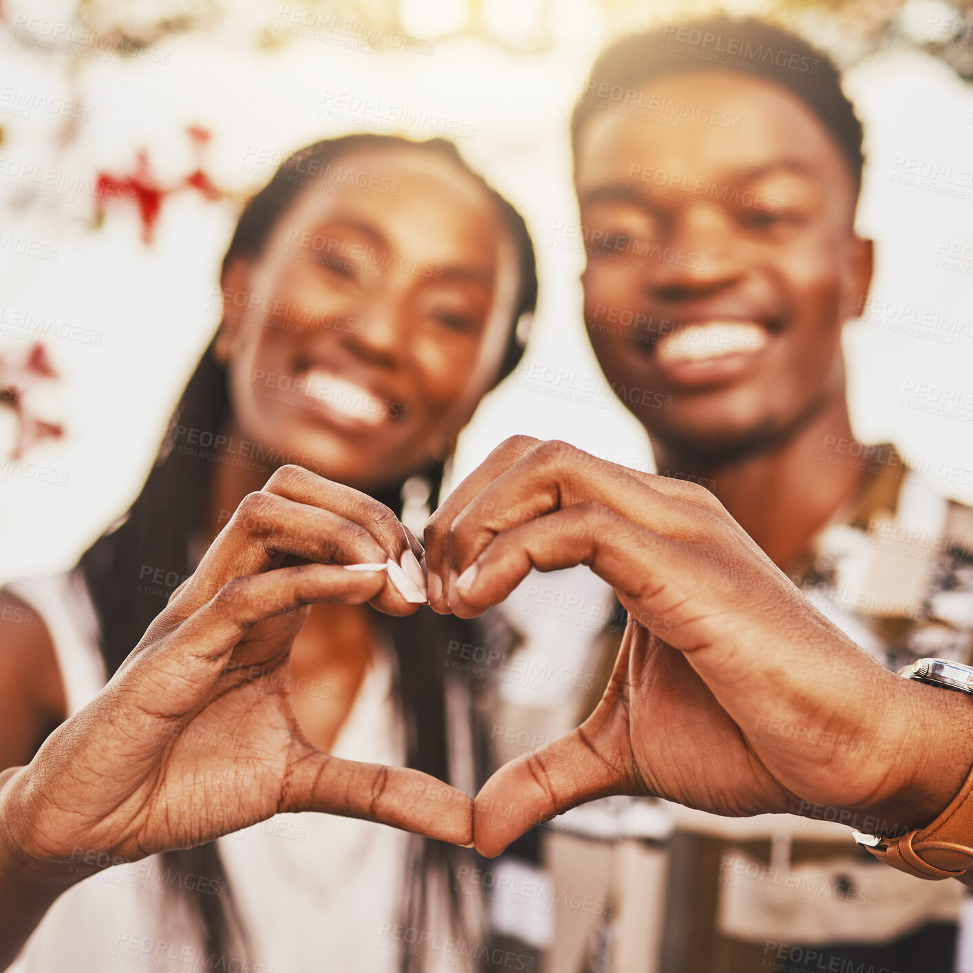 Buy stock photo Heart hands, emoji and love of couple smile, happy and showing kindness, trust and support. Closeup of young black people together in romantic relationship celebrate honeymoon with with content bond