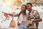 Travel man and woman with 5g tablet, couple on web for gps location with digital technology and on holiday together in summer. Happy black woman and black man with smile in urban city for vacation