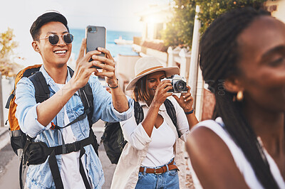 Buy stock photo Happy photographer people on travel summer vacation or holiday for international tourism and lens flare. Young influencer or tourist man, woman and friends doing photography for social media branding
