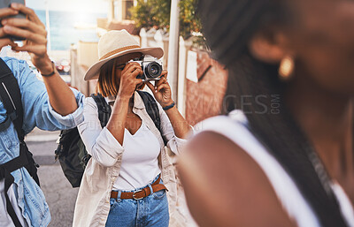 Buy stock photo Travel, tourism and photograph with a woman tourist taking a picture while on holiday, vacation or weekend getaway. Memories, sightseeing and overseas with a young female using a camera abroad