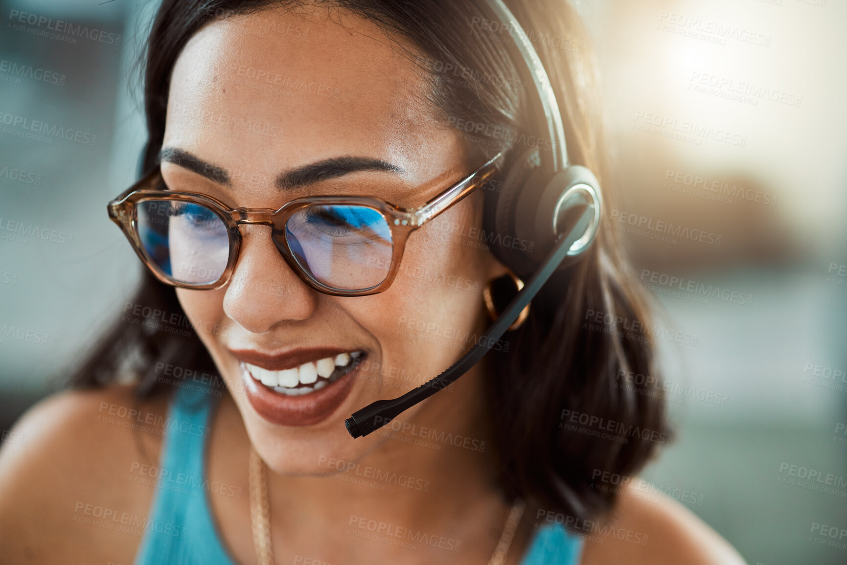 Buy stock photo Telemarketing, call center agent and sales consultant and contact us and our support help desk will tell you about us. Female customer service worker busy consulting and giving loan insurance advice