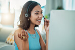 Call centre, customer service and agent with headset, computer and talking to customers, helping or answering calls in office. Smiling, happy or friendly helpdesk operator and contact client support