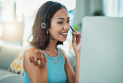 Buy stock photo Call centre, customer service and agent with headset, computer and talking to customers, helping or answering calls in office. Smiling, happy or friendly helpdesk operator and contact client support