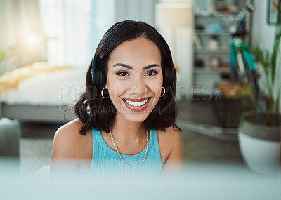 Buy stock photo Call center, customer service and sales support with a female agent or representative wearing a headset and remote working from home. Portrait of a young woman helping, assisting or talking on a call
