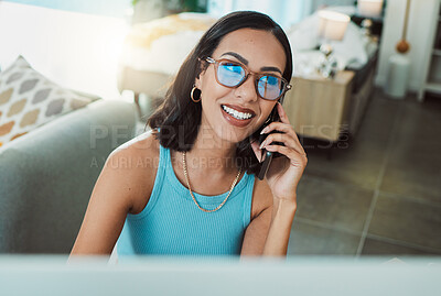 Buy stock photo Working from home freelancer talking on phone while doing remote work on computer. Smiling, happy and motivated woman thinking, consulting and planning idea with communication and network for startup