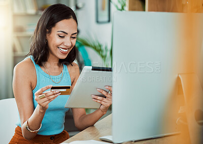 Buy stock photo Online shopping with credit card and tablet while paying for her streaming subscription or bill. Happy woman enjoy break and online shopping or purchasing items on eCommerce website with fintech app