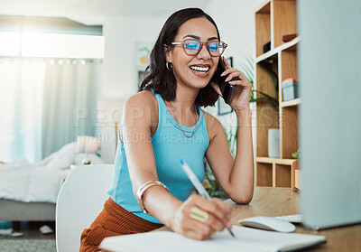 Buy stock photo Creative entrepreneur talking on business phone call, writing in notebook and planning a project working remote at house. Happy, learning and young woman doing freelance and making notes in book