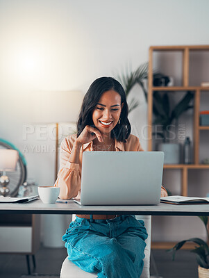 Buy stock photo Working from home on laptop, freelance blogger and entrepreneur thinking, planning and reading blog post or story vision. Smiling, ambitious or motivated writer watching online webinar on technology