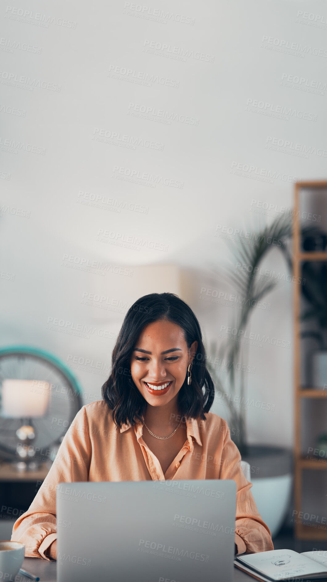 Buy stock photo Female marketing agent networking online on laptop, planning with internet and working at an advertising agency. Smiling female corporate worker reading emails, making connections and searching web