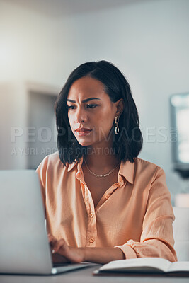 Buy stock photo Working from home, serious and thinking woman, freelancer and entrepreneur doing remote work while planning ideas, email and browsing research online. Organized, professional and focused worker