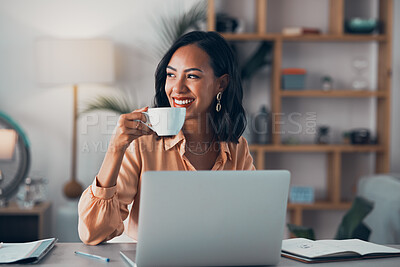 Buy stock photo Woman working from home, freelancer and thinking entrepreneur drinking coffee, taking break and doing remote work with motivation for mindset ideas. Happy person planning vision and strategy solution