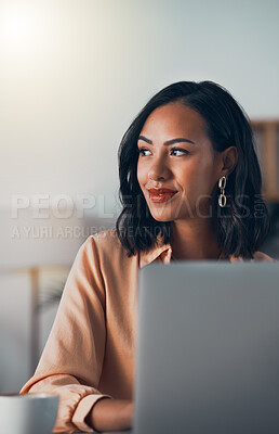 Buy stock photo Thinking business woman, freelancer and entrepreneur working remote from home on laptop with strategy, vision and mission for growth on mindset. Thoughtful blogger planning ideas and online research