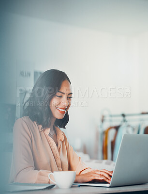 Buy stock photo Businesswoman, corporate professional or manager working, typing and planning on laptop while sitting in office. Happy creative African American female searching the internet and creating strategy