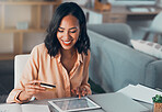 Shopping for online purchase with credit card and tablet, buying products for house and making payment with technology. Smiling and cheerful woman holding debit card for banking, budget and bills