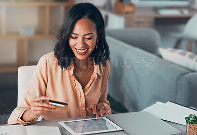Buy stock photo Shopping for online purchase with credit card and tablet, buying products for house and making payment with technology. Smiling and cheerful woman holding debit card for banking, budget and bills