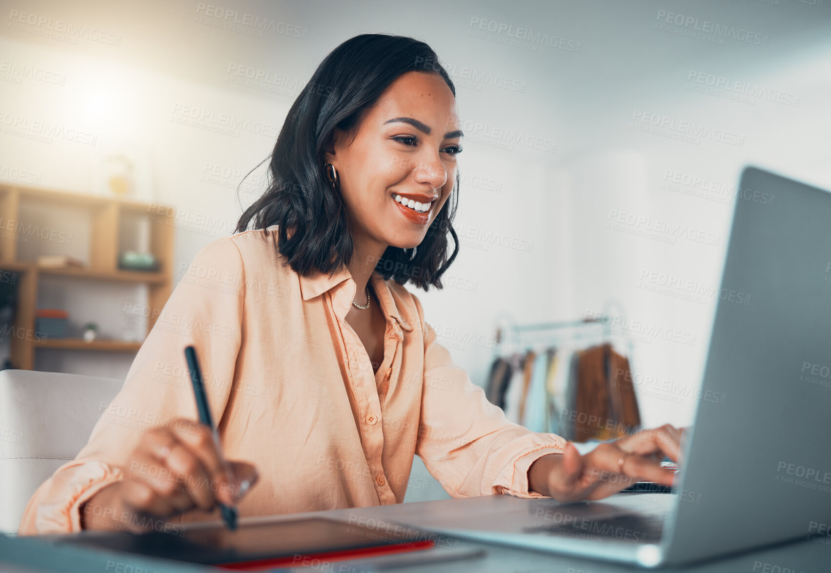 Buy stock photo Digital, graphic artist, and fashion girl working on laptop to look at inspiration on the web. Creative designer, drawing and learning new technique on electronic style notebook with tech.