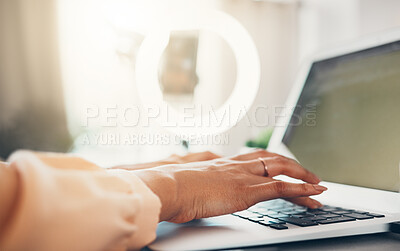 Buy stock photo Hands typing on laptop, checking emails and browsing the internet for creative ideas in office. Closeup of vlogger and influencer planning schedule, doing a proposal and networking on social media