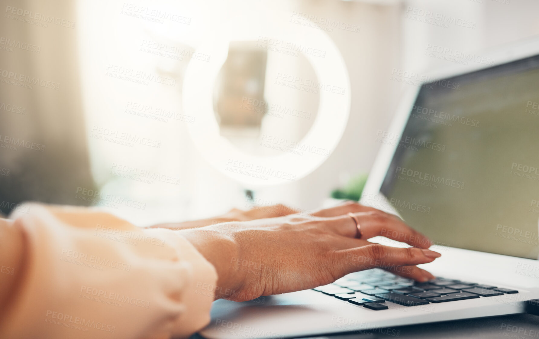 Buy stock photo Hands typing on laptop, checking emails and browsing the internet for creative ideas in office. Closeup of vlogger and influencer planning schedule, doing a proposal and networking on social media