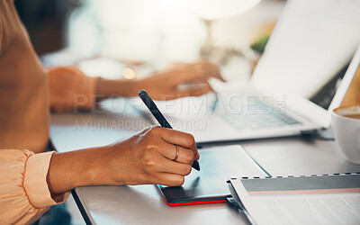 Buy stock photo Graphic designer writing notes on tablet online, typing on laptop and planning a task working remote. Closeup of creative woman, entrepreneur or freelance worker checking emails and browsing internet