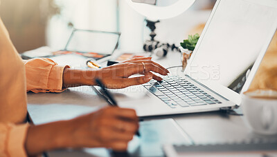 Buy stock photo Graphic designer, blogger and young entrepreneur working on a laptop while designing a logo or website while drawing with a digital stylus pen. Hands of a creative woman using modern digital tools
