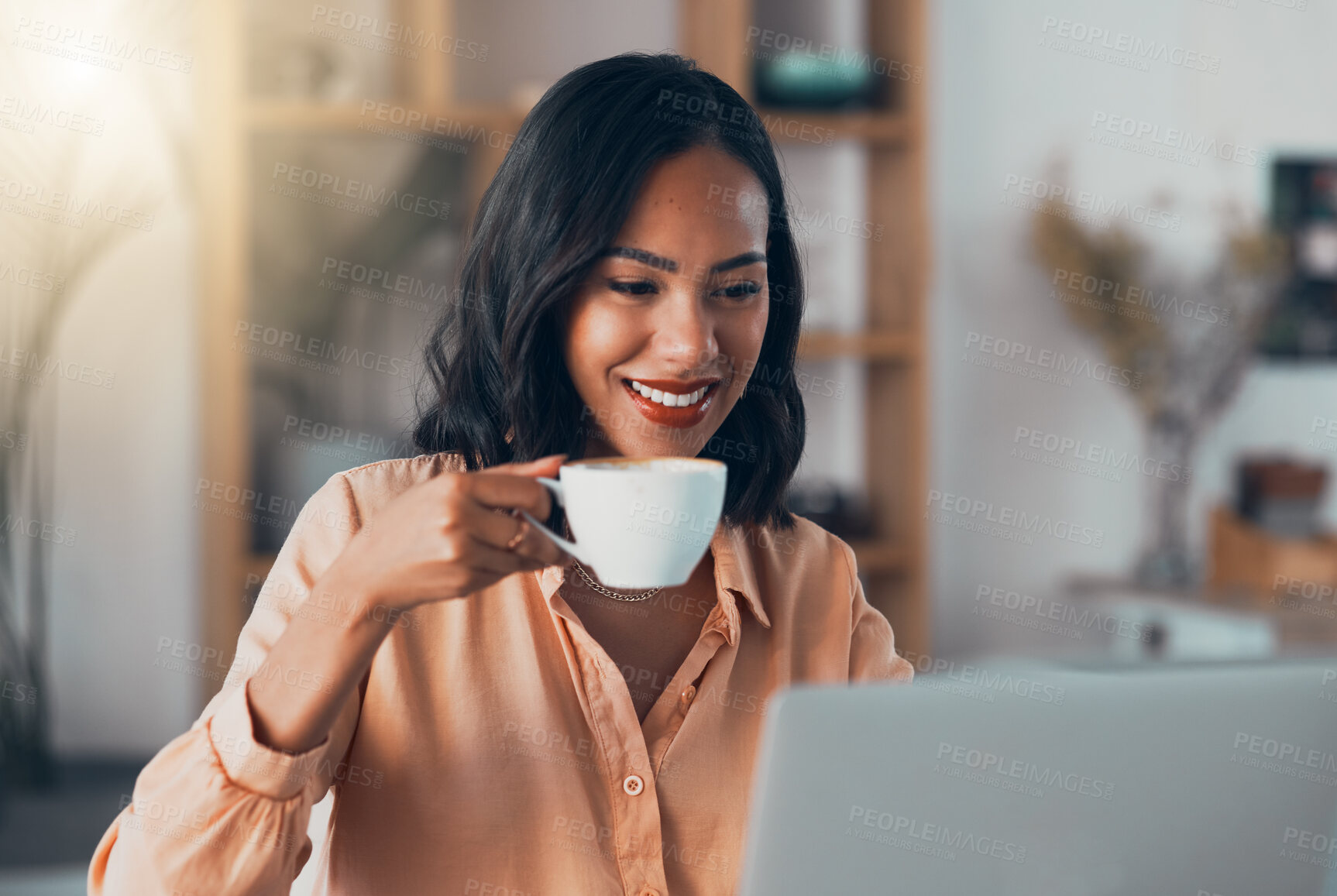 Buy stock photo Coffee, reading female freelancer, work from home or remote worker on laptop replying to copywriting emails. Trendy, young and smiling woman on social media or browsing internet for online news