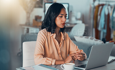 Buy stock photo Working, reading and serious business woman on her office computer busy with online web research. Digital marketing employee thinking and planning a sale strategy project, proposal or workplace idea