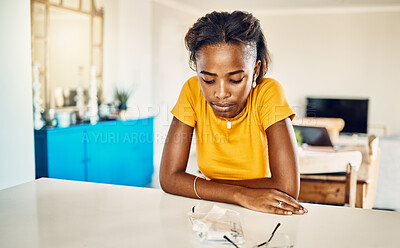 Buy stock photo Covid, sick and waiting for rapid test result while looking  worried. Disease, virus and infection risks in young people in a pandemic. Isolation, lockdown and quarantine for safety and protection. 
