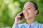 Woman calling, smiling and talking on the phone while standing outside against a green background. Happy, positive and ambitious woman with a positive mindset getting good news about insurance offer