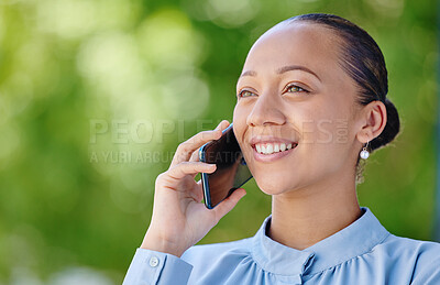 Buy stock photo Woman calling, smiling and talking on a phone call while standing outside against green copy space. Happy, positive and ambitious woman with a positive mindset getting good news about insurance offer