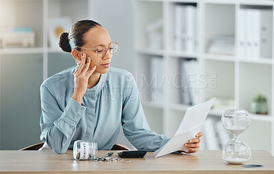 Buy stock photo Debt, broke and financial crisis for a businesswoman confused and stressed with no money. A struggling female worried about being poor or going bankrupt and is sad about her problems at work