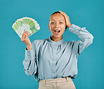 Surprised, rich and finance businesswoman holding cash prize, savings investment or salary. Portrait of young, wealthy shocked female with lottery, jackpot or profit money after winning or investing