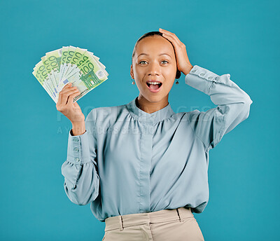 Buy stock photo Surprised, rich and finance businesswoman holding cash prize, savings investment or salary. Portrait of young, wealthy shocked female with lottery, jackpot or profit money after winning or investing
